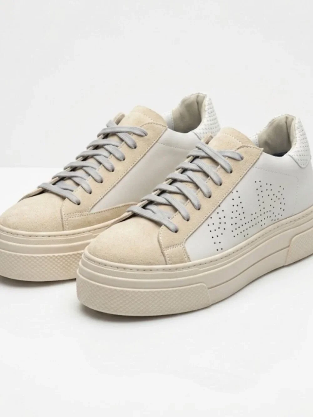 P448 Womens Beige Suede Platform Sneakers Cream Leather Lace Up Low Top Size 39